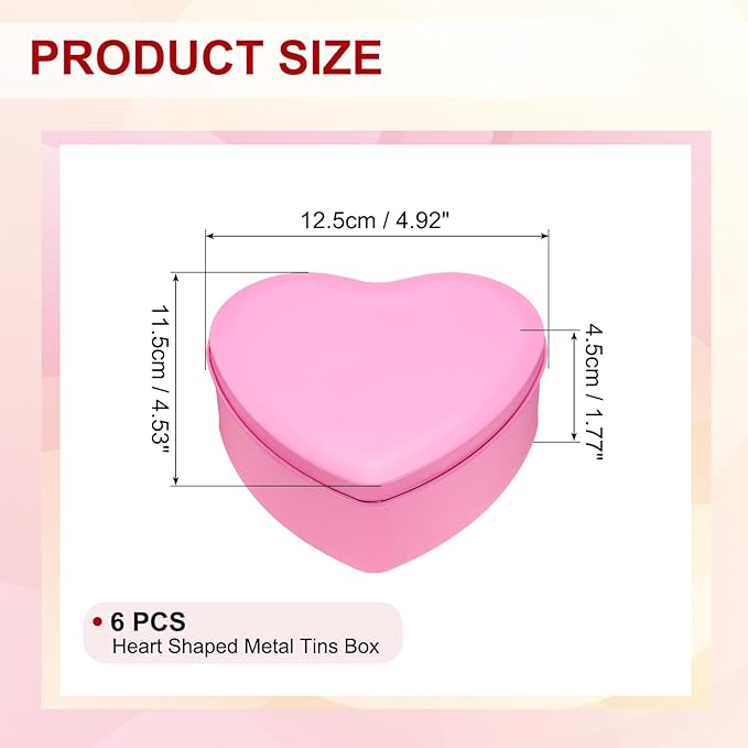 uxcell 6Pcs Heart Shaped Metal Tins Box Empty Candy Jars with Lids Favors Storage Containers for Valentine's Day Candles Wedding Parties Cookies Gifts Pink (12.5x11.5x4.5cm)