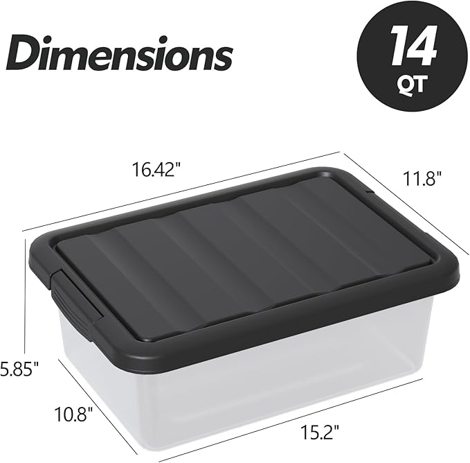 14 L Clear Storage Box with Black Lid Plastic Stackable Container Organizer Medium-14 Quart 2 Packs