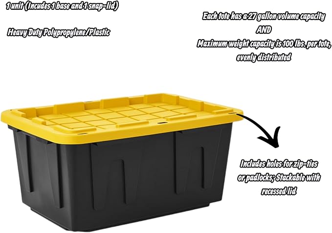 Heavy-Duty Storage Tote with Lid Black and Yellow 27 Gallon 30.6 W x 20.6 D x 14.3 H (4 PACK)