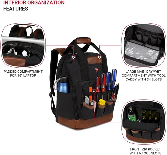 SwissGear Tool Bag Backpack Fits Up to 15-Inch Laptop Work Pack Black/Brown Canvas