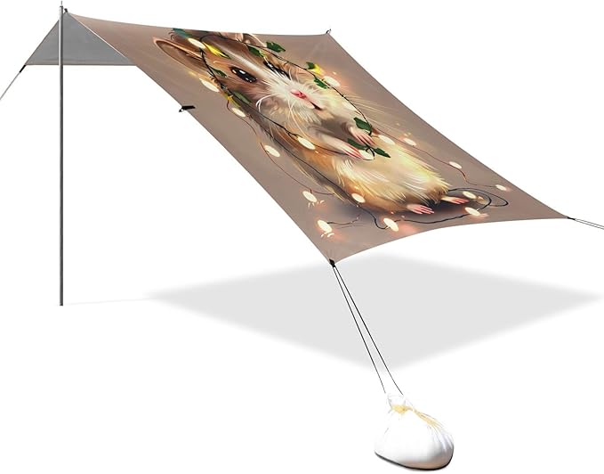 ALAZA Cute Hamster Light String Beach Tent Sun Shelter UPF50+ Protection Beach Shade Canopy w/ 4 Sandbags for Outdoor Camping Fishing Backyard Fun Picnic 10x9 ft