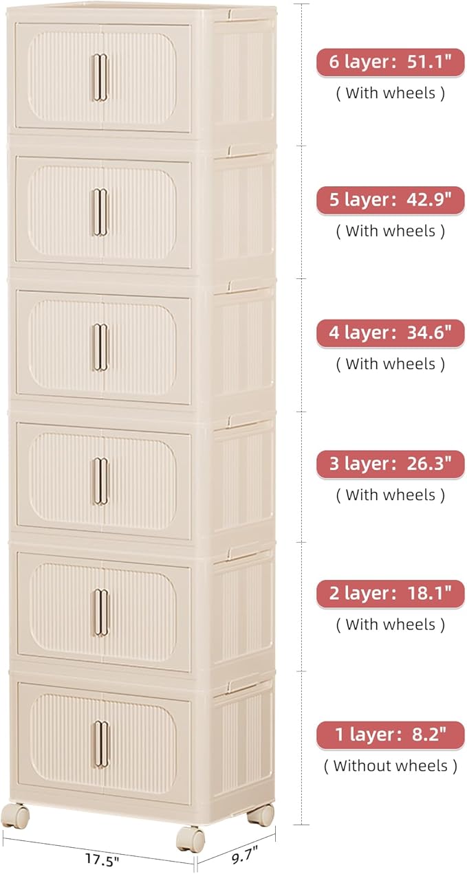 Stackable Storage Bins with Lids Plastic Closet Cabinet Organizers Storage for Bedroom Collapsible Modular Bins for Shelves Organizer for Dorm Room Home Office (Yellow 1 Layer: 17.5“ D x 9.7 W)