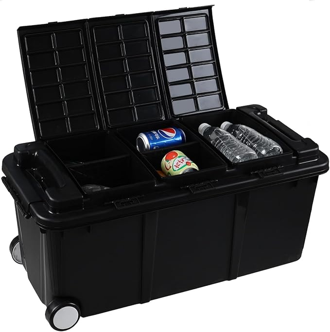 Sadstory 20 Gallon Plastic Wheeled Industrial Storage Tote Heavy-Duty Industrial Storage Toolbox with Compartment 2 Pakcs Black