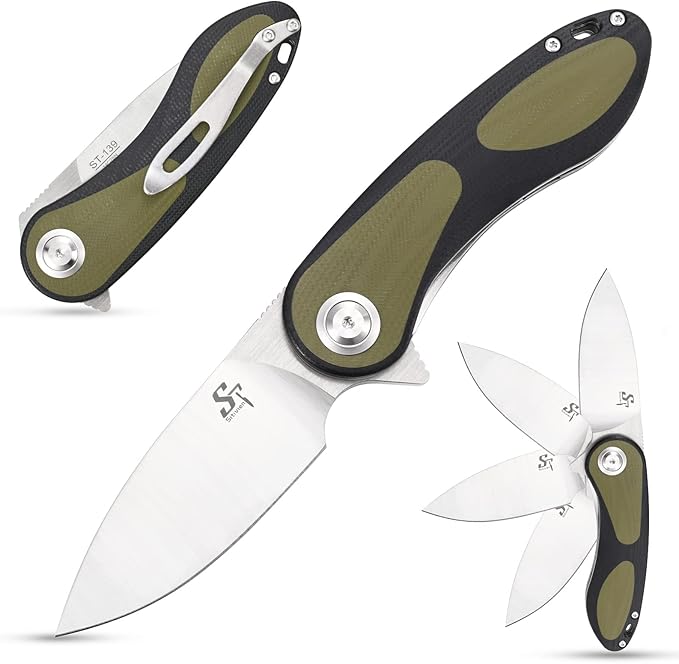 Sitivien ST139 Sandvik 14C28N Steel Blade Folding Knife G10 Handle EDC Tool Knives for Outdoor Camping Hiking Hunting Survival(Black+Green)