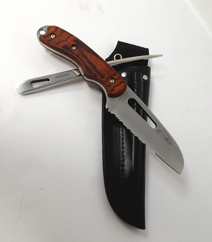 Myerchin Knives Tested at Sea Pro Wood Offshore System Knife Marlinspike Leather Sheath Rigging Tool System W100P