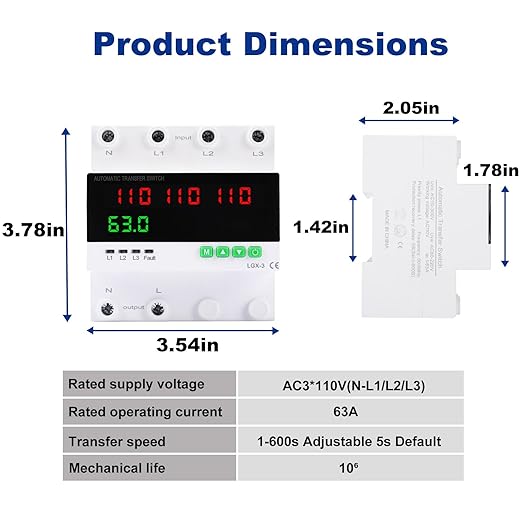 63A 110/120V Triple Power Automatic Transfer SwitchAutomatic Switching Between Utility Power、Generator and InverterOvercurrent ProtectionOvervoltage and undervoltage Protection