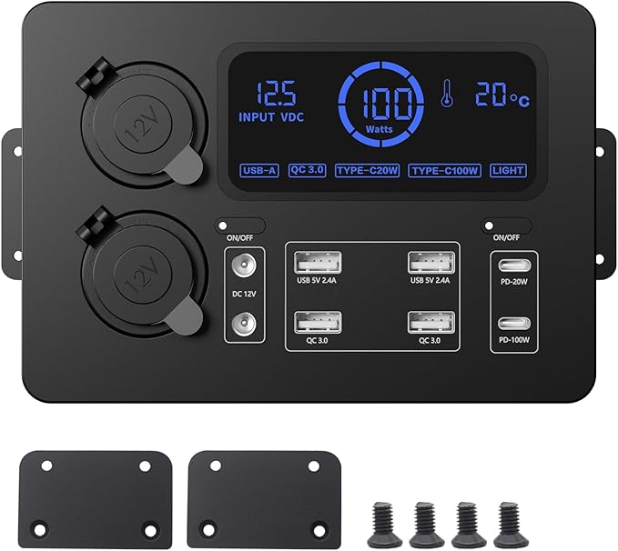 fangzi Mini Power BoxMini Power Box 12V 100W LCD Display Power Box with LED Lights USB-C &amp QC3.0 Ports Portable Control Hub for RVs SUVs Boats Yachts Cars