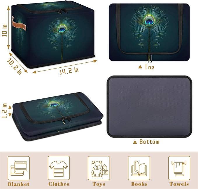 Peacock Feather Storage Box with Lid Boho Feather Collapsible Storage Bins Baskets Cubes Closet Shelf Clothes Organizer Containers with PU Leather Handles