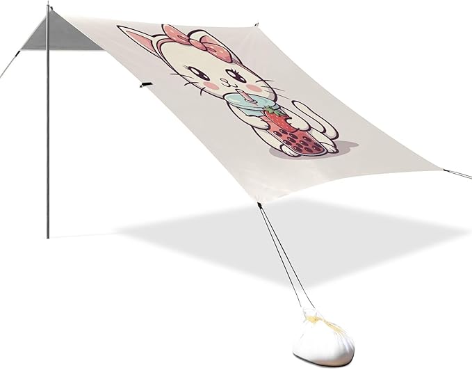 Bow Cat Drinking Milk Tea Beach Tent Sun Shelter Set UPF50+ UV Protection 10.5 x 9.19 FT Camping Shade Canopy with Sandbags Sand Anchors Carrying Bag and Others