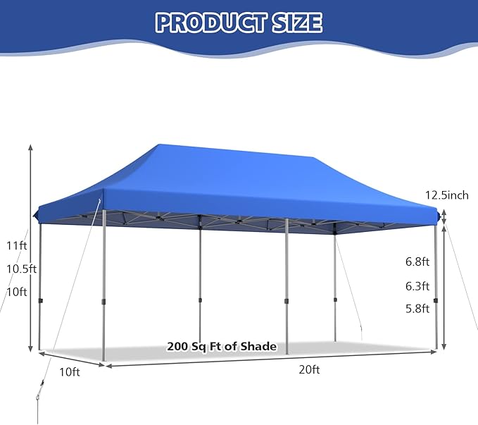 Tangkula 10x20 Ft Pop Up Canopy Tent Easy Set-up Outdoor Commercial Instant Tent with Roller Bag 3 Adjustable Heights Portable Folding Canopy with 200 Square Feet of Shade (Blue)