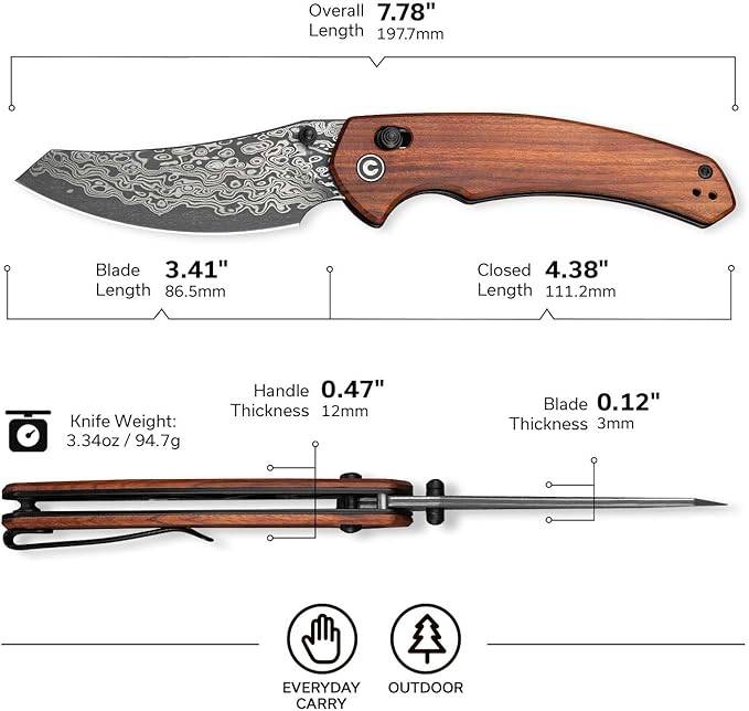 CIVIVI Sixgill Folding Pocket Knife for EDC 3.41'' Damascus Blade Guibourtia Wood Handle Deep Carry Reversible Clip Gift for Men Women C24050-DS1