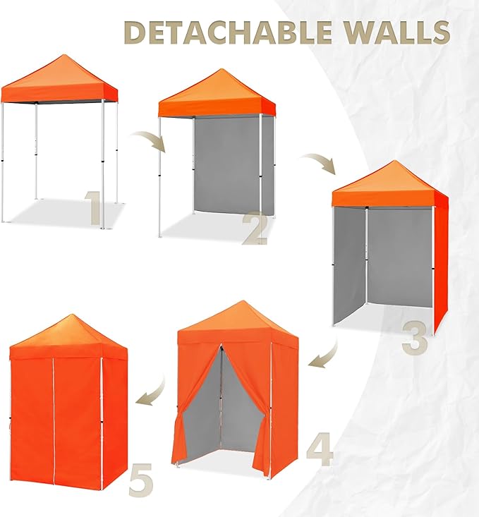 EAGLE PEAK 5x5 Instant Canopy with 4-Side Wall Panels Small Pop up Portable Canopy Tent with Carry Bag Light Weight Sun Shelter for Sports Camping and Beach Orange