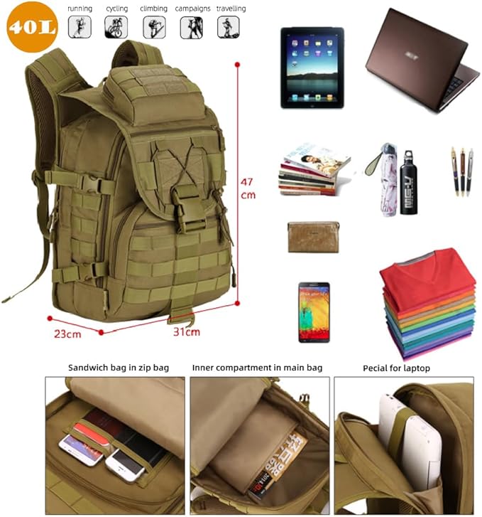 40L Tactical Military BackpackMOLLE Hunting Backpack/Fishing Rucksack/Laptop Bag/Assault Pack for Hiking Camping Hiking Travel