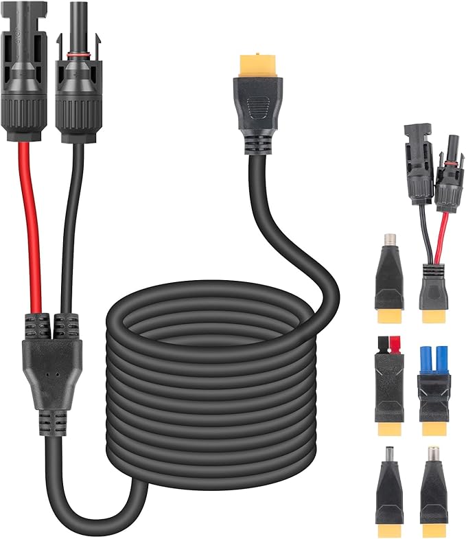 6-in-1 Solar Panel Connector Cable Kit 14AWG Heavy-Duty Weatherproof Extension Multi Output DC5521/7909/8020/XT60 for Portable Power Station RV Camping Generator(32FT)