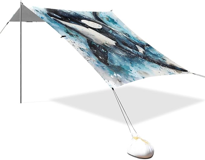 ALAZA Killer Whale Watercolour Beach Tent Sun Shelter UPF50+ Protection Beach Shade Canopy w/ 4 Sandbags for Outdoor Camping Fishing Backyard Fun Picnic 10x9 ft
