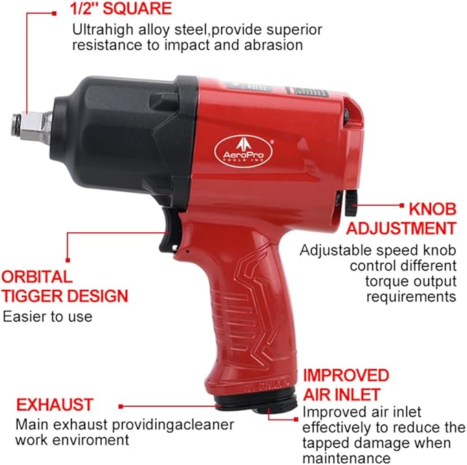 AEROPRO TOOLS 1/2-Inch Aluminum Air Impact Wrench(A398)Twin Hammer with 1380FT-LB Max Loosening Torque Pneumatic Impact Gun for Auto Repair Tire Shop (1380 ft-lbs | Air Impact Wrench + Socket)