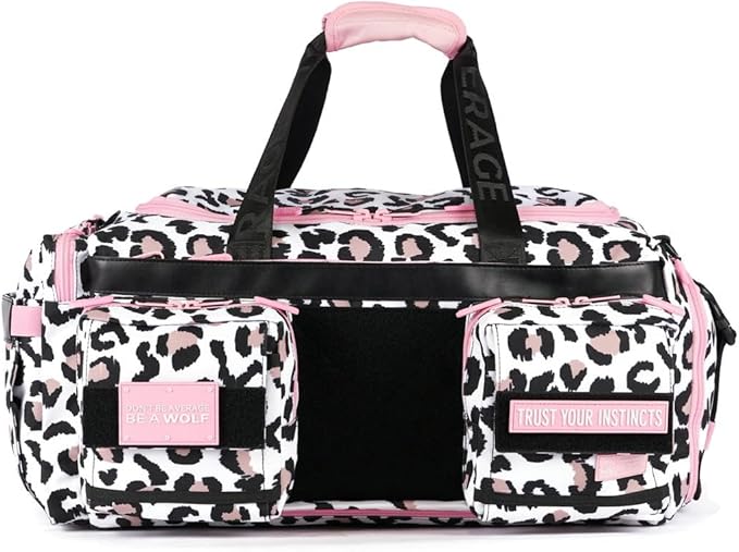 WOLFpak Ultimate 40L Gym &amp Travel Duffle Bag | Heavy-Duty Gear Bag w/Durable Waterproof 1000D Oxford Material | Hard Shell Base Laptop Sleeve Custom Patch Options | (Leopard Pink Zip)