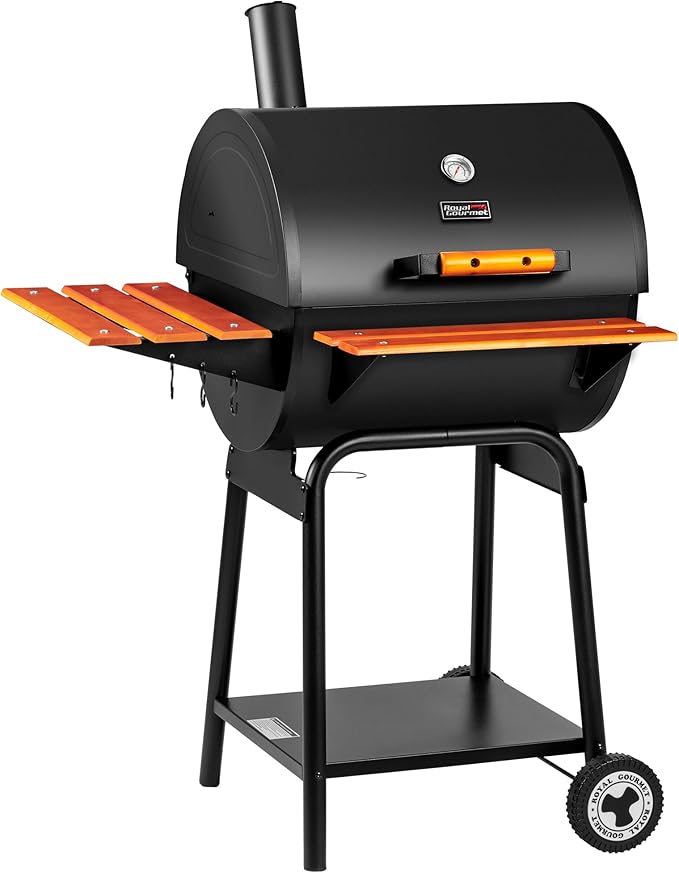 Royal Gourmet CC2024 24 Inch Charcoal Barrel Grill with Warming Rack Outdoor BBQ Grill with Wooden Front and Side Shelves for Backyard Patio and Parties Black