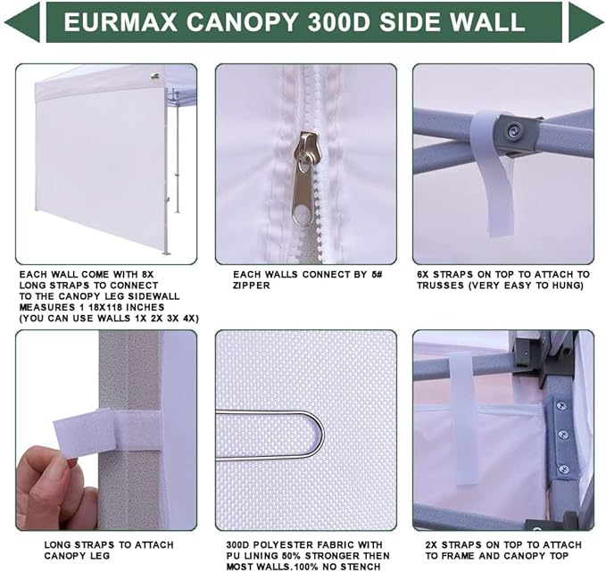 Eurmax USA 10x10 Pop Up Canopy SunWall-UV Protection for TentsBlocks Sunlight&ampWindWater Resistant Side Wall OnlyEasy Hook &amp Loop InstallationFit for 10FT Straight Leg Shelters&ampGazeboR