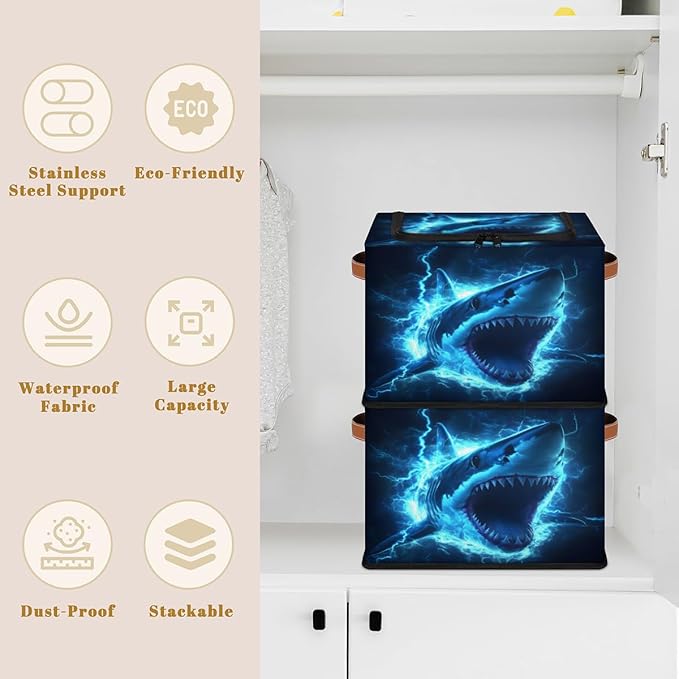 Shark Storage Box with Lid Sea Animals Collapsible Storage Bins Baskets Cubes Closet Shelf Clothes Organizer Containers with PU Leather Handles