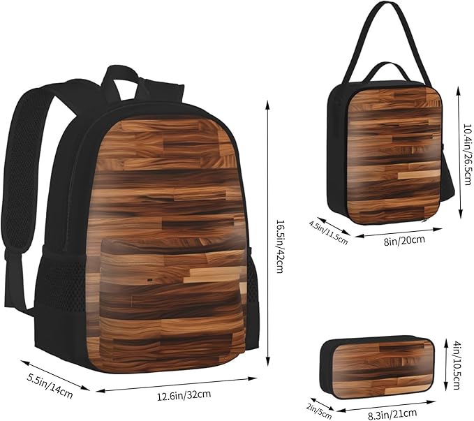 Wood Grain Backpack With Lunch Box 3 In 1 Set With Pencil Case Large Capacity Backpack With Chest Strap