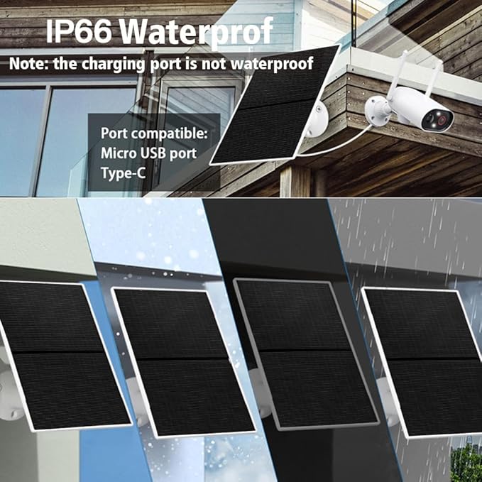 Solar Panel Charger for Outdoor Security Cameras -10W DC 5V Compatible with Micro USB &amp Type-C Rechargeable Battery Cameras9.8Ft Charging CableIP66 Waterproof (White)