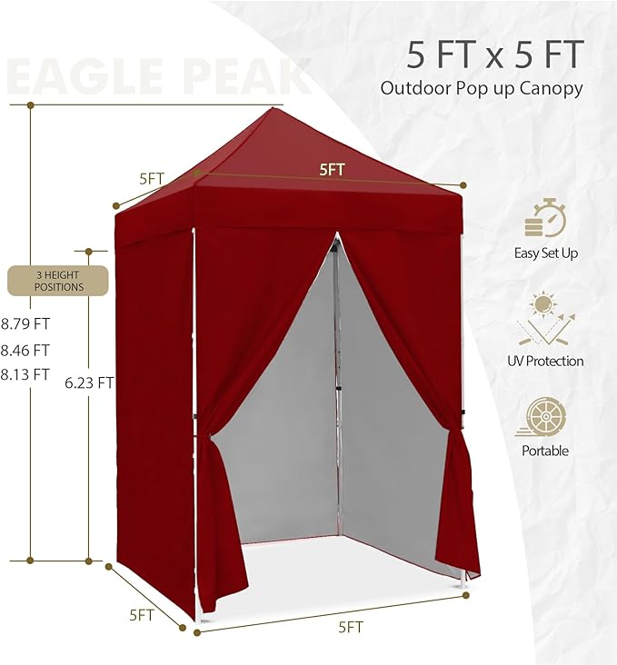 EAGLE PEAK 5x5 Instant Canopy with 4-Side Wall Panels Small Pop up Portable Canopy Tent with Carry Bag Light Weight Sun Shelter for Sports Camping and Beach Burgundy