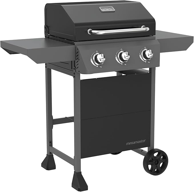 Megamaster 3-Burner Propane Gas Grill with Side Tables 30000BTUs 429.81 SQ. In. Cooking Space 2 Wheel Transport Outdoor Kitchen Grill for BBQs Backyards Tailgating and More - 720-1094