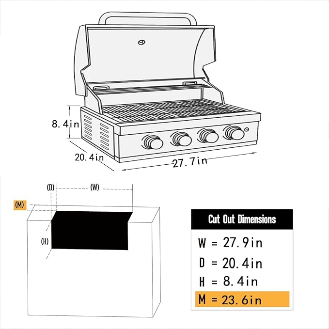 28-inch Built-in Gas Grill4 Burner Propane Grill with Rear Burner 48400 BTU Built-in BBQ Grill Stainless Steel Charcoal and Propane Gas Dual Fuel for Outdoor Kitchen Island