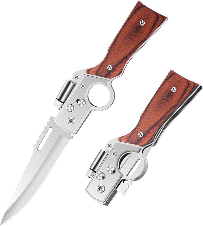 AK47 Style Tactical Folding Knife 4-Pack – Bulk Set with LED Light Wood Handle Laser Engraving Ready Groomsmen Gifts for Men Outdoor Camping Hiking Gear (4)