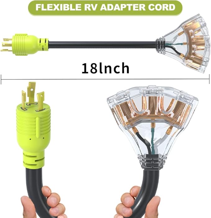 RV 30 Amp to 110 Adapter Generator Power Cord 3 Prong 30 Amp Adapter Plug to 20 Amp Twist Lock SocketNAMA L5-30P Male Plug to 3X 5-20R T-Blade Female10 AWG STW (1.5FT)