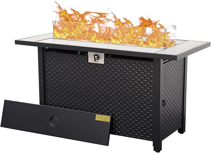 Outdoor Propane Fire Pit 45 Inch Patio Firepit Table with Fire Glass and Wind Guard for Outside Parties and Gatherings on Garden Backyard Porch