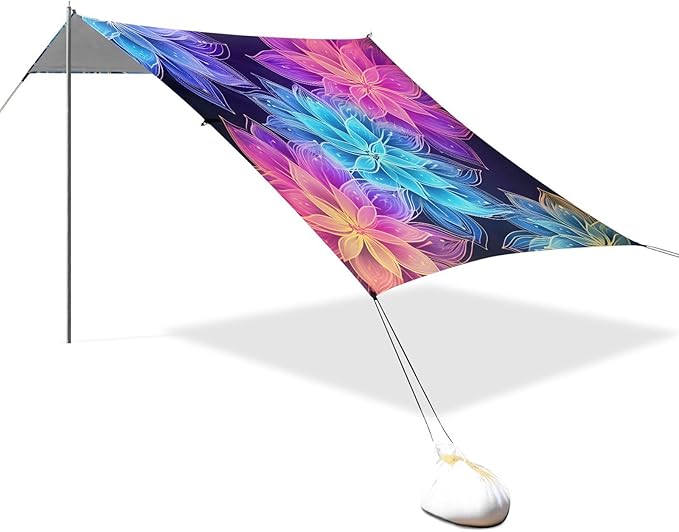 ALAZA Rainbow Mandala Transparent Flowers Beach Tent Sun Shelter UPF50+ Protection Beach Shade Canopy w/ 4 Sandbags for Outdoor Camping Fishing Backyard Fun Picnic 10x9 ft