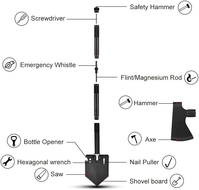 iunio Camping ShovelShovel Folding Portable Multitool Foldable Entrenching Tool Collapsible Spade for Backpacking Trenching Hiking Survival Car Emergency