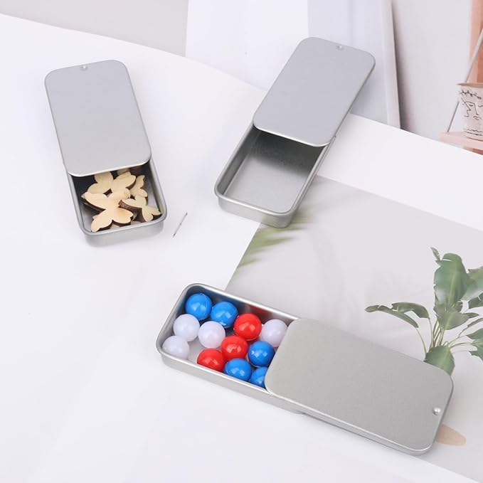 70 Pack Silver Metal Slide Top Tin Containers Mini Metal Tin Box with Slide Lid Empty Lip Balm Containers for DIY Projects Pills Candies Jewelry (2.36 x 1.34 x 0.43 Inch)