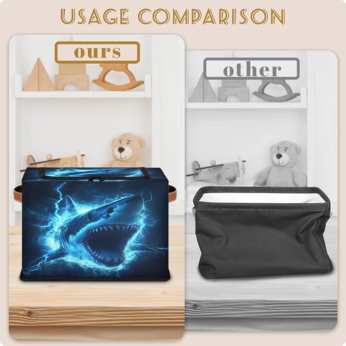 Shark Storage Box with Lid Sea Animals Collapsible Storage Bins Baskets Cubes Closet Shelf Clothes Organizer Containers with PU Leather Handles