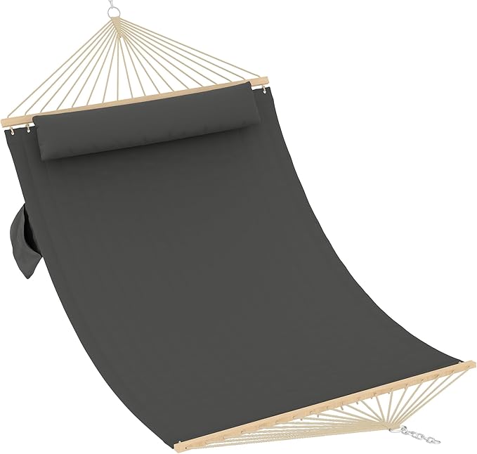 Hammocks 12 FT Double Quilted Fabric Hammock with Spreader Bar and Detachable Pillow 2 Person Hammock for Outdoor Patio Backyard Poolside 450lbs Weight Capacity