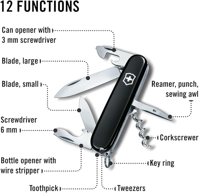 Victorinox Spartan Swiss Army Knife 12 Functions Swiss Made Pocket Knife with Corkscrew Can Opener and Screwdriver - Black