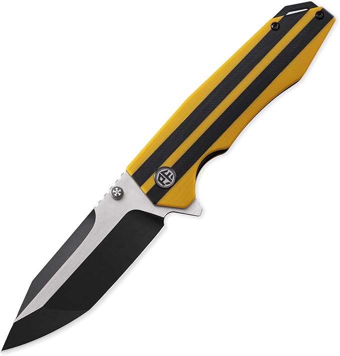 Petrified fish PFP08 Mocado Pocket Knife3.58 K110 Steel Black Stonewashed Blade 5.64oz G10 Handle Flipper Liner lock Folding knife (Yellow Black Stonewashed)
