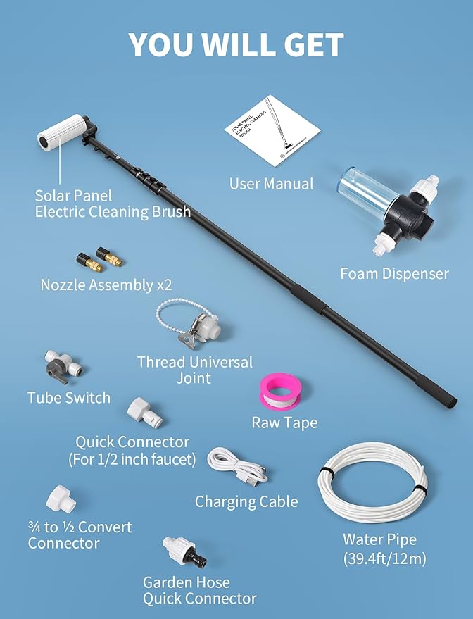 Electric Solar Panel Cleaning Kit 20FT Solar Panel Cleaning Brush and Pole with Soap Dispenser Telescopic Water Fed Pole 100Mins Runtime Solar Panel Cleaner Solution for Windows Roof (Black)