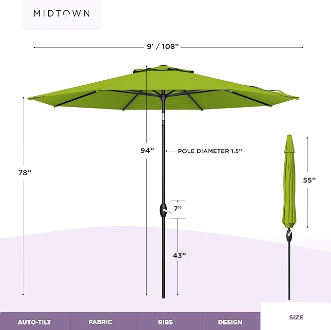 Midtown Umbrellas - 10-Year-No-Fade 9 Ft Patio Umbrella with Terylast Fabric Auto-Tilt Aluminum Frame and 8 Reinforced Ribs for Deck Pool Garden &amp Beach - Pear Green Canopy Black Pole