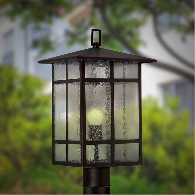 Forte Lighting 1319-01-32 Craftsman 1-Light Exterior Post Mount Lantern with Clear Seeded Glass Antique Bronze Finish