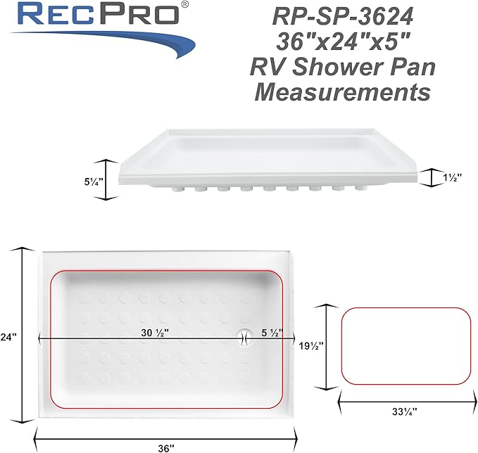RecPro RV Shower Pan | 36 x 24 x 5 Right Drain in White | RV Shower Base | Camper Shower Pan