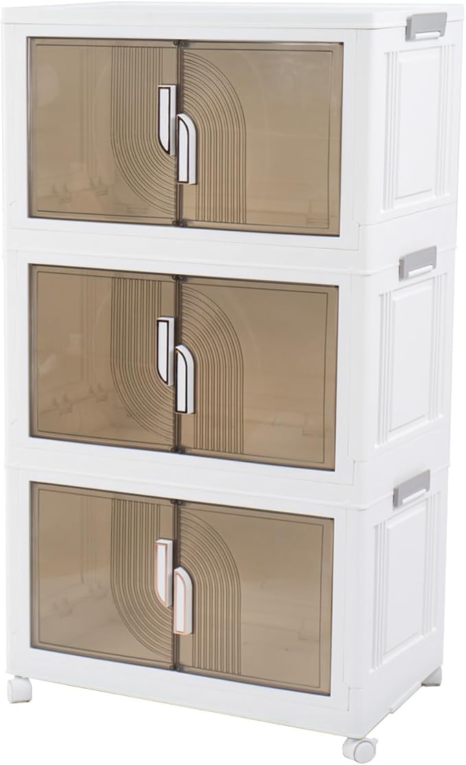 Kozyard Foldable Storage Bins with Lids Stackable Storage Bins with Doors and Wheels Magnetic Dual-Opening Doors Storage Containers for Bedroom Living Room Closet Laundry (White-3Pack)
