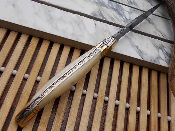 Laguiole Folding Damascus Steel Knife 8.6 Long with 4.1 Hand Forged Custom Twist patren Blade. Wine 2 Tone Dollar Wood &amp Brass Bolster Scale. Cow Hide Leather Sheath Included (White)