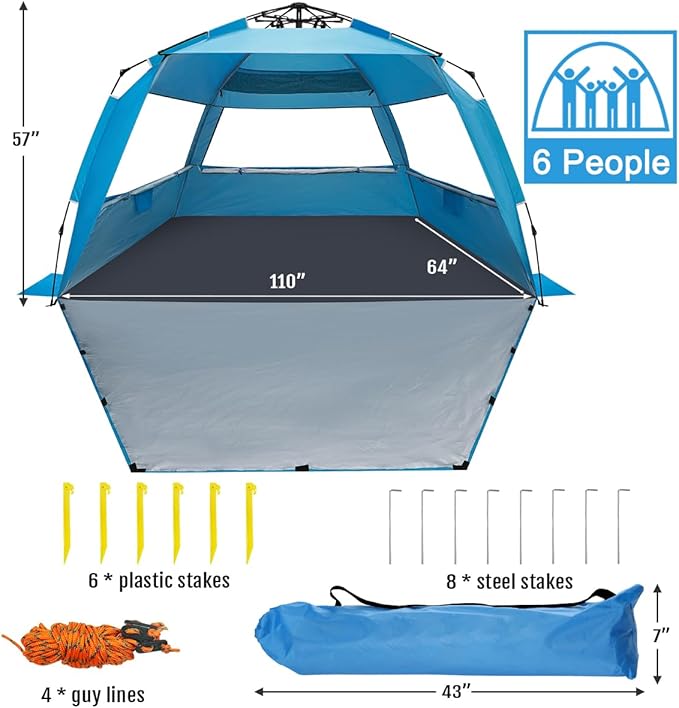WhiteFang Deluxe Pop Up Beach Tent Sun Shade Shelter for 3-4/5-6 Person UV Protection Extendable Floor with 3 Ventilating Windows Plus Carrying Bag Stakes and Guy Lines