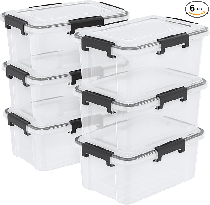 6-Pack 12 Qt Plastic Storage Box with Gasket Seal Lid Durable Moving Containers with Tight Latch Weather Proof Tote Bin Clear/Black