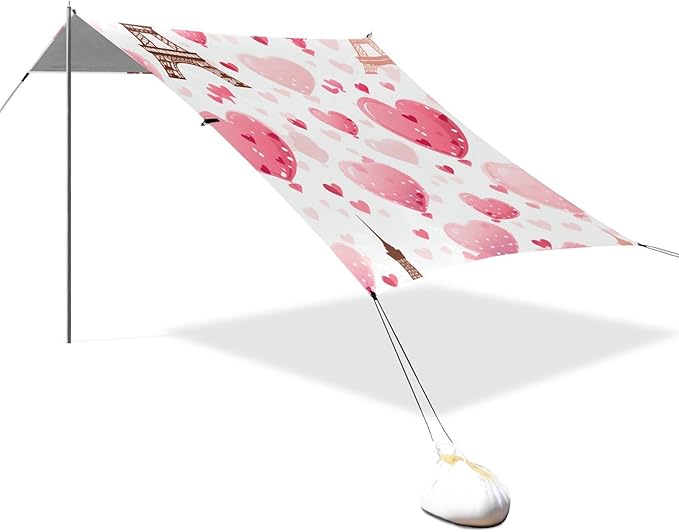 ALAZA Eiffel Tower Pink Heart Romantic Cartoon Beach Tent Sun Shelter Portable Canopy Sunshade for Outdoor Camping Picnics Backyard Fun 10x9 ft