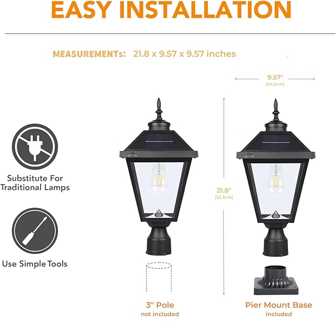 Kemeco Solar Post Light ST4334Q Vintage Dusk to Dawn Outdoor Bright LED Solar Powered Lamp for Pole Pillar Yard Gates Pathway (Lamp with Base)