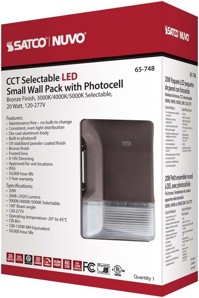 Nuvo 65/748 20W Outdoor LED Small Wall Pack Dusk to Dawn CCT-Selectable 3000K/4000K/5000K Bronze